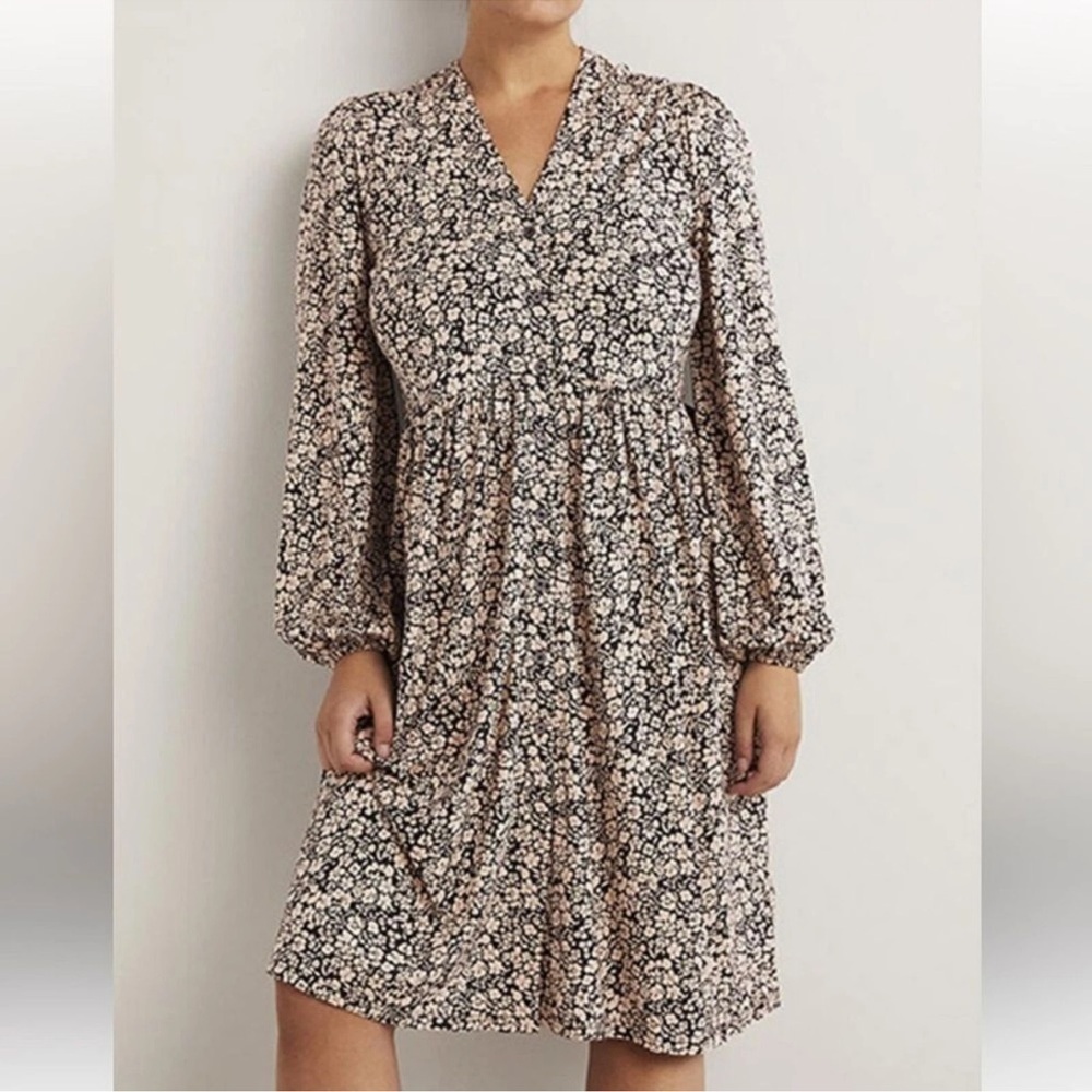 Boden Women’s Button Through Floral V Neck Long Sleeve Knee Length Black Sz 2R